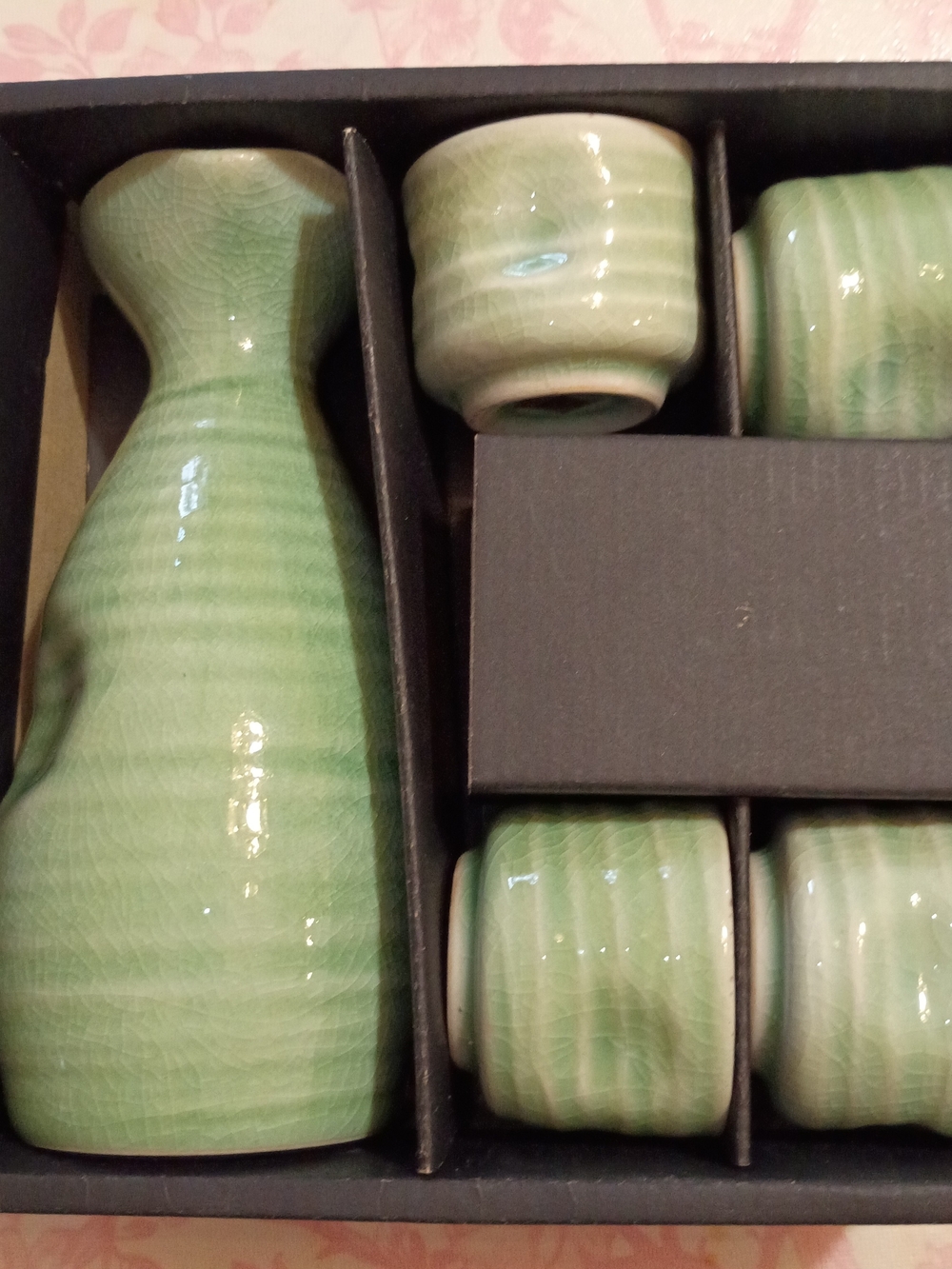Japanese Green Jade Color Porcelain Sake Bottle & Cups Set In Gift Box!